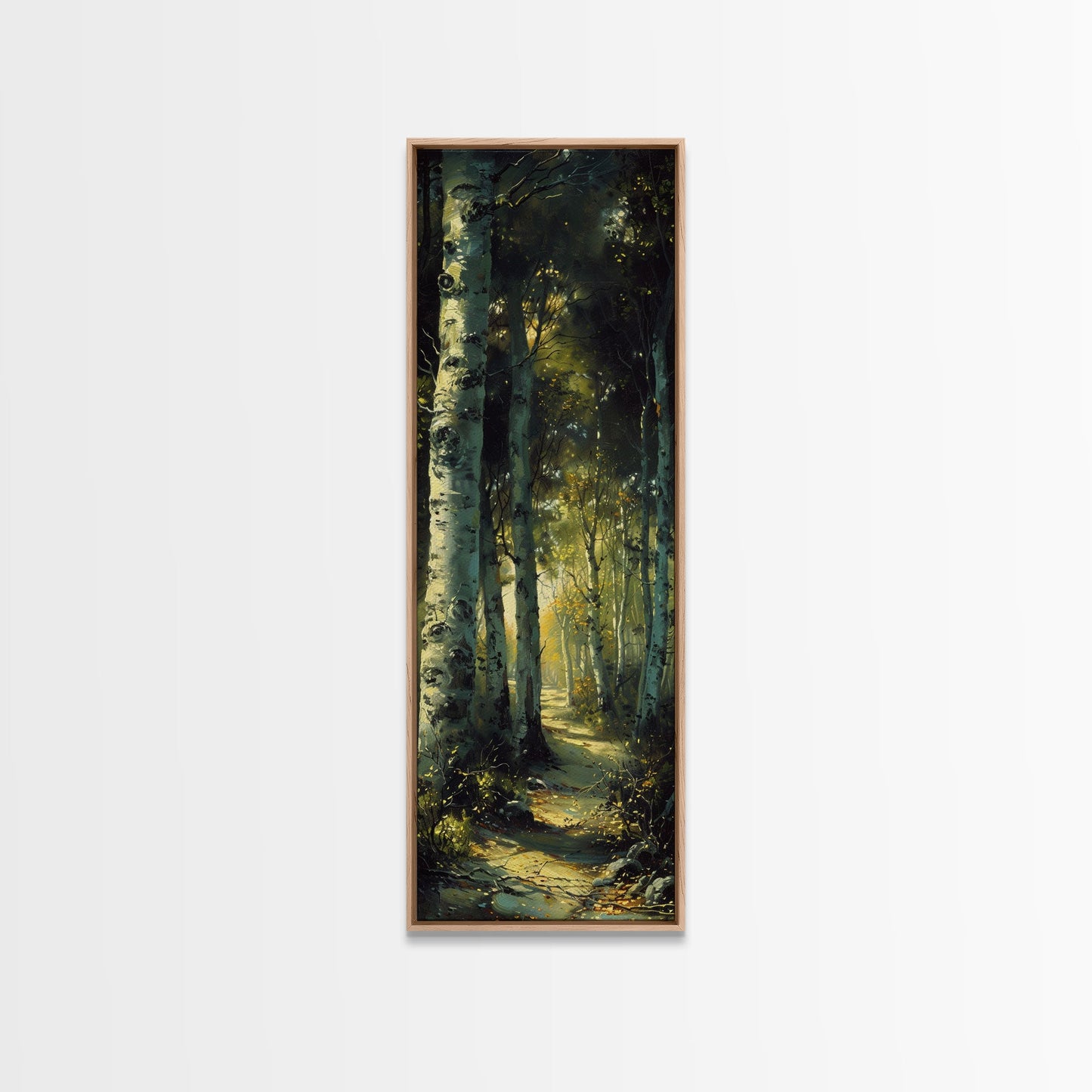 Serene Birch Tree Pathway in Tall Skinny Art Framed Canvas Print Perfect for Tranquil Wall Decor in Bedrooms or Study Rooms