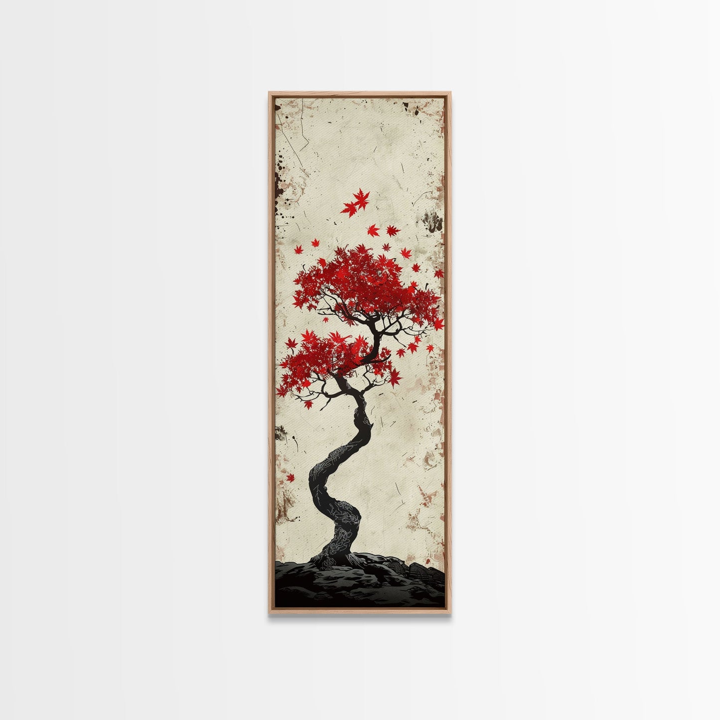 Red Maple Bonsai Tree Japanese Art Skinny Wall Art Framed Canvas Print with Windswept Branches and Red Leaves