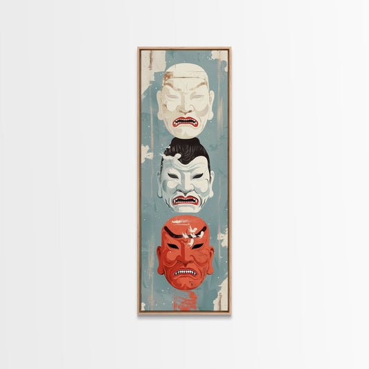 Japanese Masks In A Vertical Display - Skinny Art Tall Art Framed Canvas Print Japanese Style Art Ukiyo-e Art