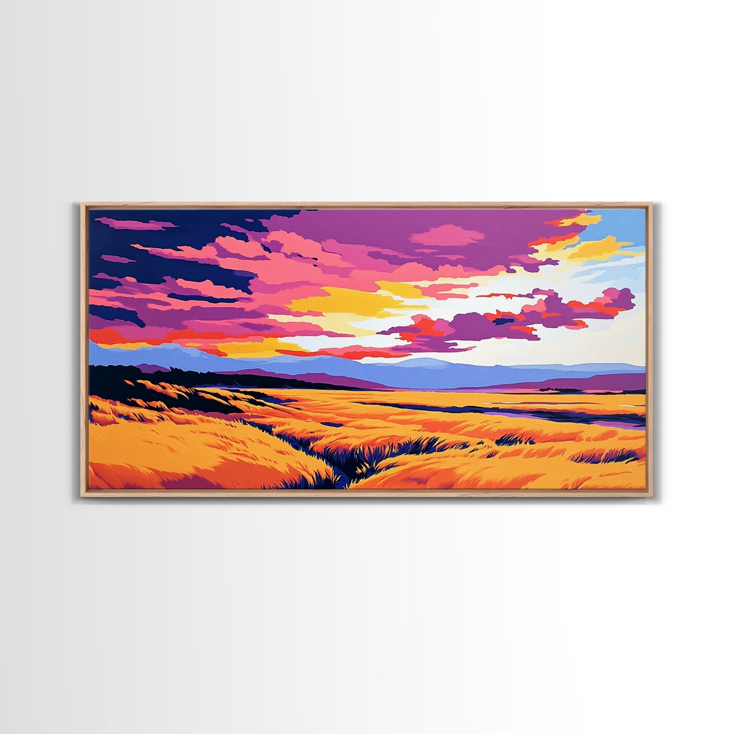 Golden Meadow, landscape painting, farmhouse art, moody art, above bed wall art, wabi sabi art, extra wide art, framed canvas print