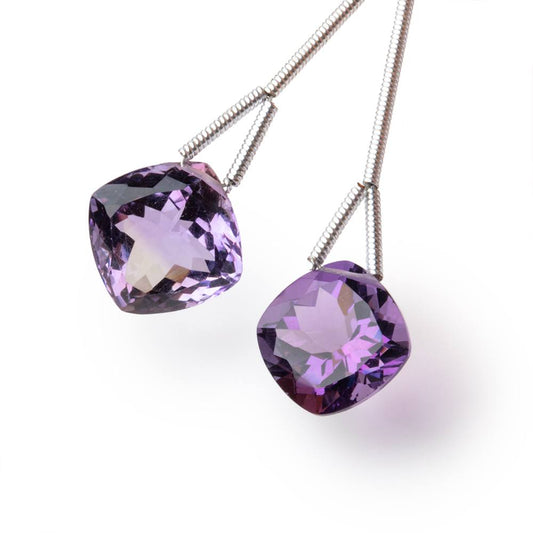 10.5mm Pink Amethyst Pavilion Faceted Cushion Focal Set of 2 Beads AAA