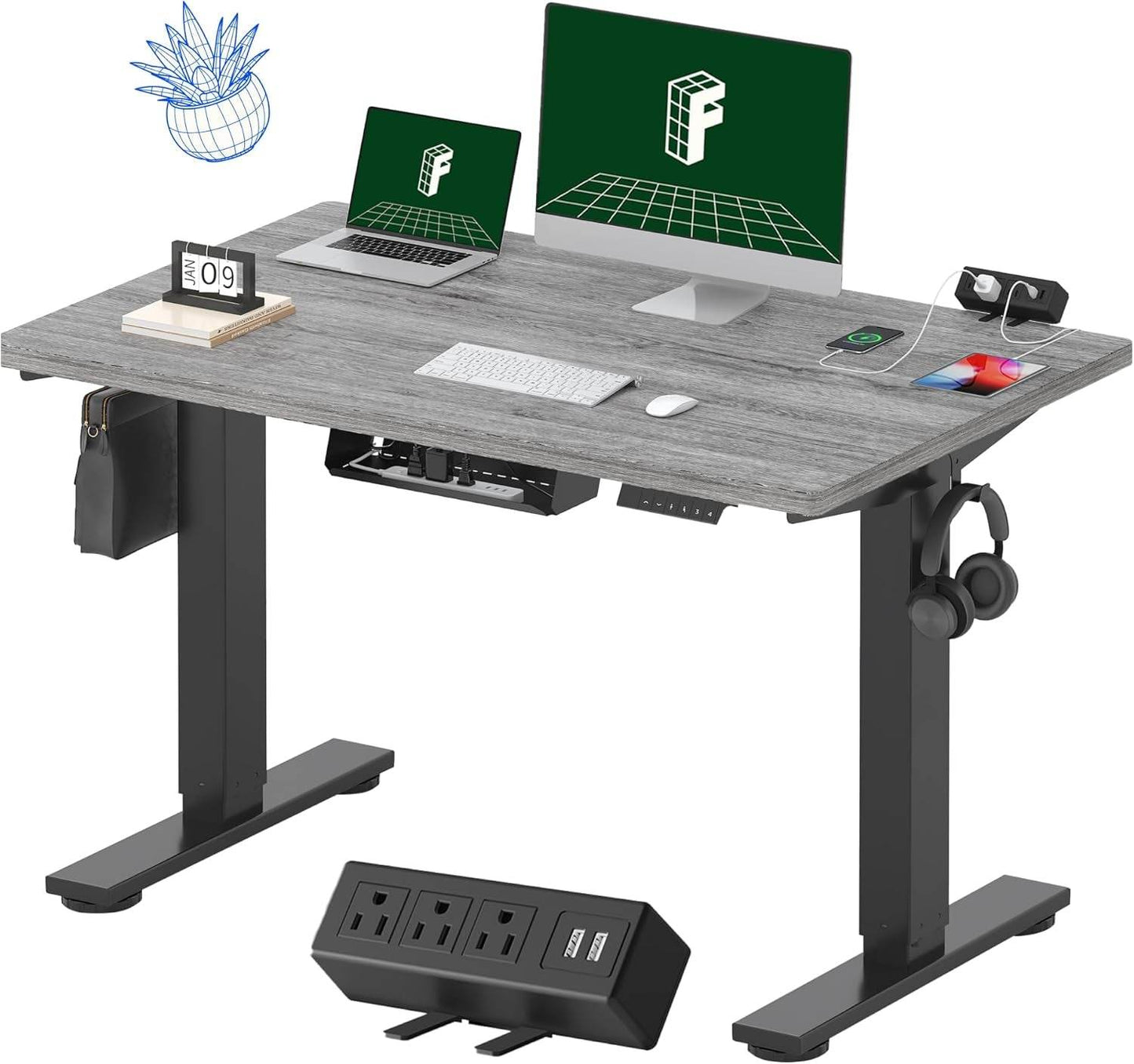 EN2 Height Adjustable Electric Standing Desk - 48"x30" with Clamp Power Strip & Cable Management (Gray Frame + Mahogany Top)