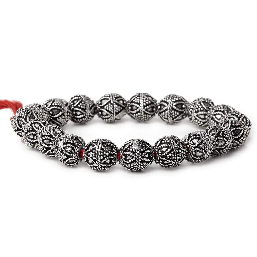 10mm Antiqued Sterling Silver Plated Copper Bead Roval, Miligrain Triangle & Heart 8 inch 20 pieces