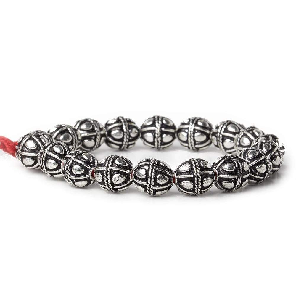 10mm Antiqued Sterling Silver Plated Copper Bead Roval, Pear Design 8 inch 18 pcs