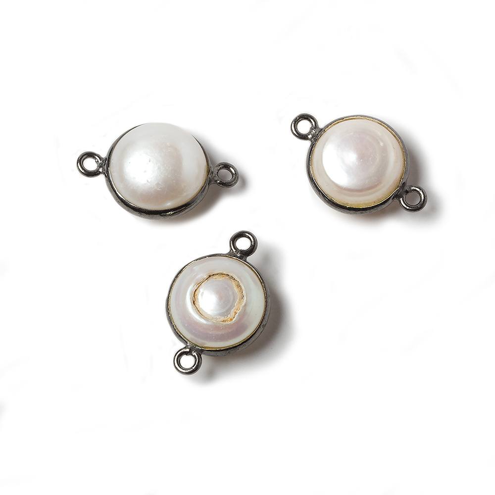 10mm Off White Button Pearl Black Gold Bezeled Connector 1 piece