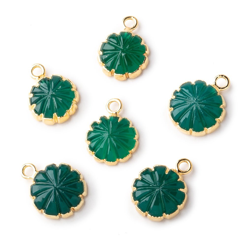 11-12mm Gold Leafed Green Onyx Carved Floral Coin Focal Pendant 1 piece