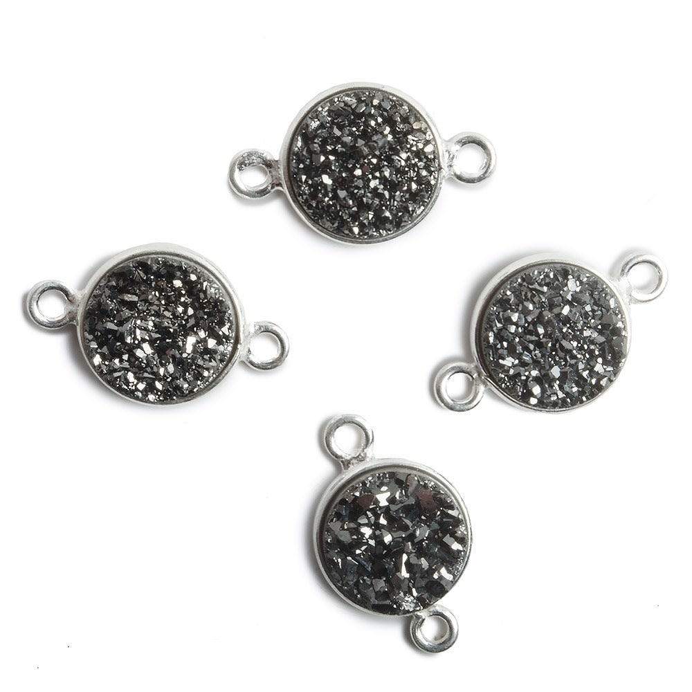 11mm Silver Bezel Metallic Black Drusy Coin 2 ring Connector 1 piece