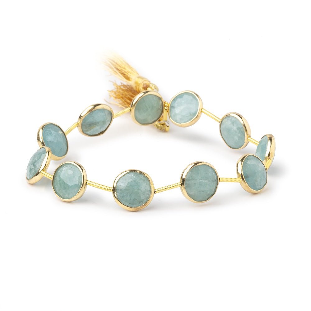 11mm Vermeil Bezel Aquamarine Faceted Coin Beads 7.5 inch 11 pieces