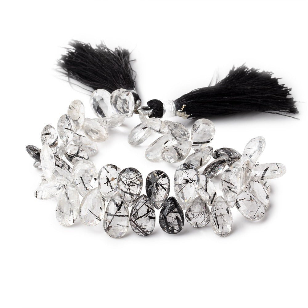 11x7-13x7mm Black Tourmalinated Quartz Faceted Pears 7.5 inch 48 beads
