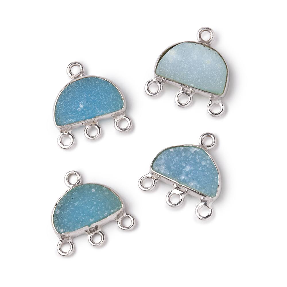 11x7mm .925 Silver Bezel Santorini Blue Drusy Half Moon 3 ring Connector 1 piece