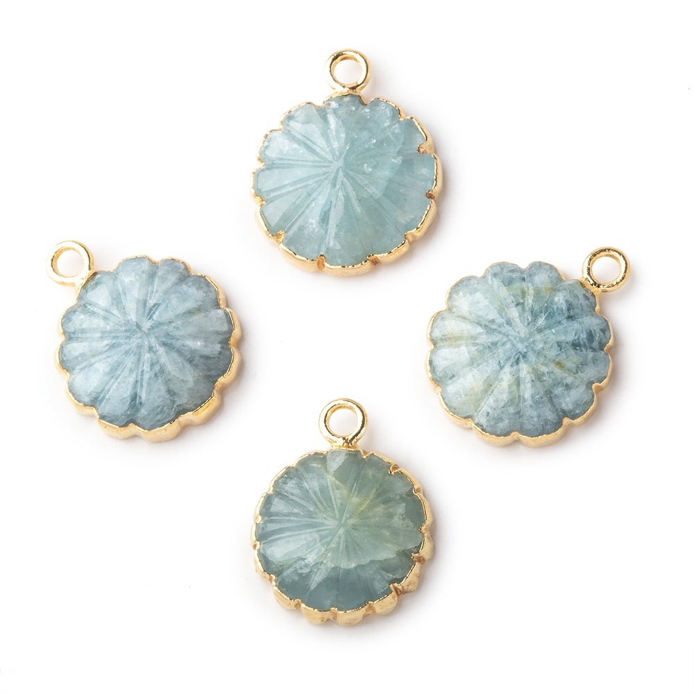 12-13mm Gold Leafed Aquamarine Carved Floral Coin Focal Pendant 1 piece