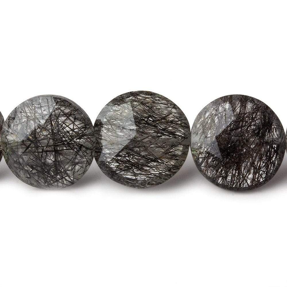 12.5-14.5mm Black Tourmalinated Quartz Faceted Coins 8 inch 15 beads