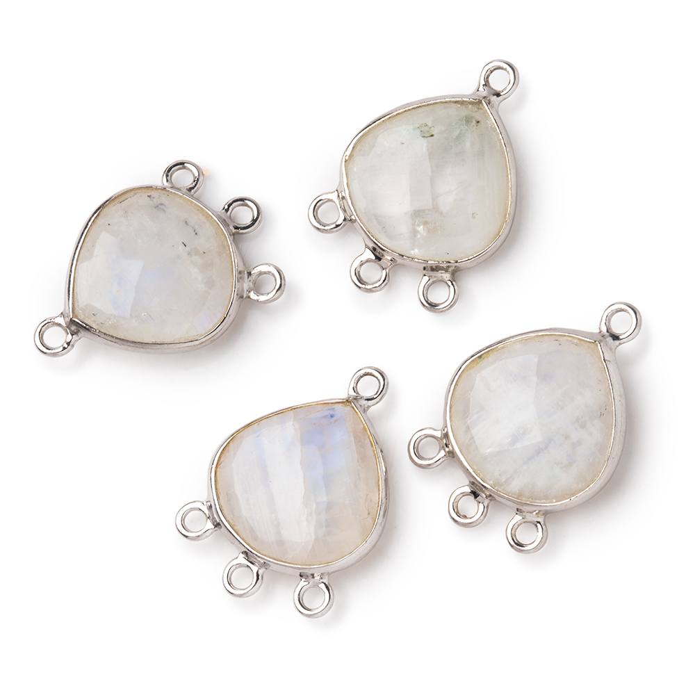 12mm .925 Silver Bezel Rainbow Moonstone faceted heart 3 ring Connector 1 piece