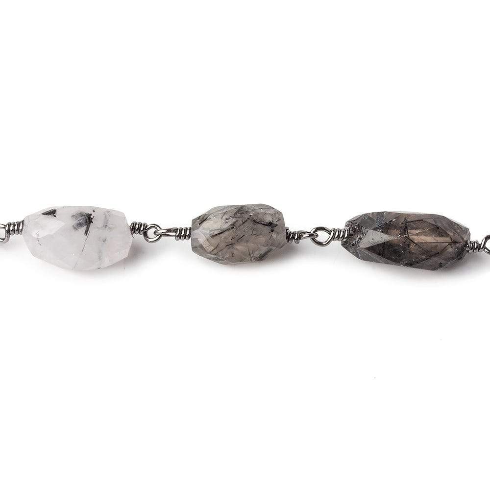 12x8-17x10mm Black Tourmalinated Quartz faceted nugget Black Gold plated Chain by the foot 14 bead per