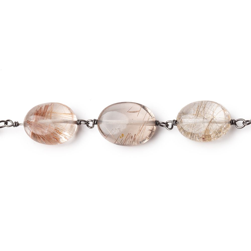12x9mm Smoky Rutilated Quartz Plain Ovals on Black Gold over .925 Silver Chain