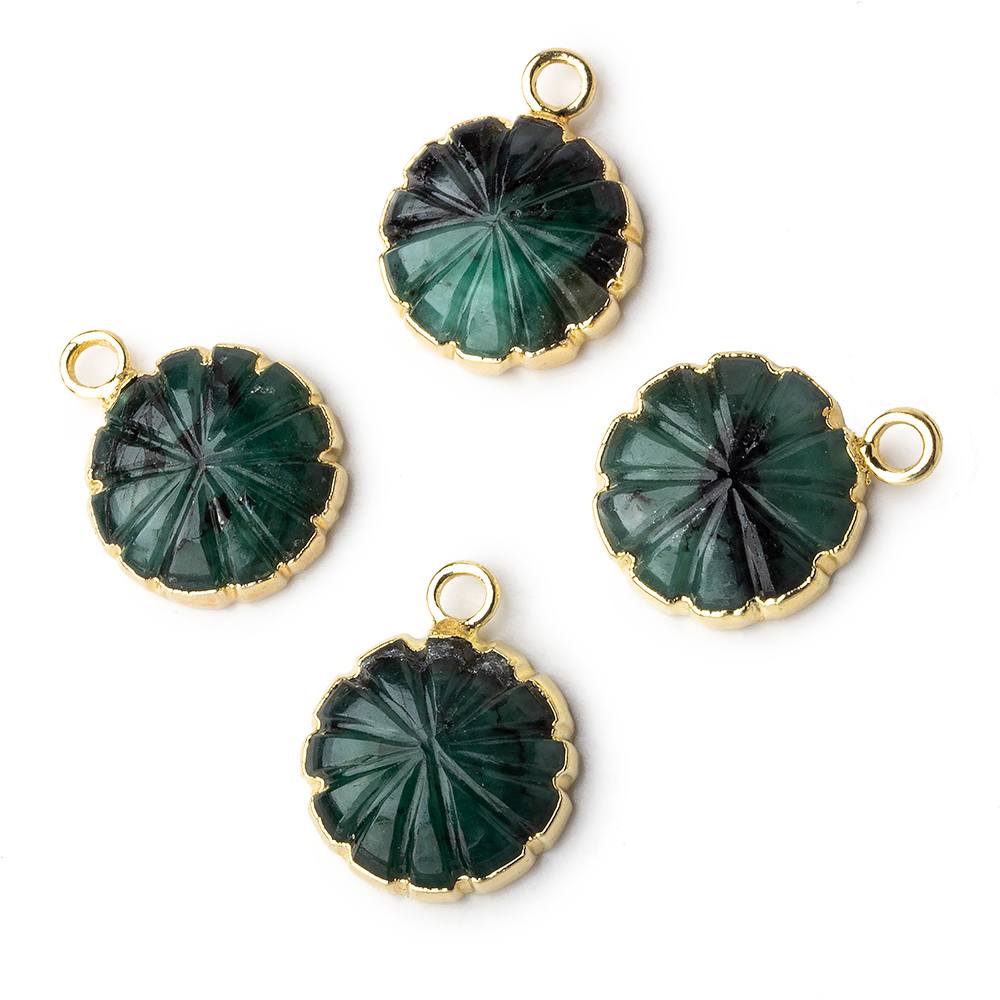 13mm 22kt Gold Leafed Brazilian Emerald carved floral coin Pendant 1 focal bead