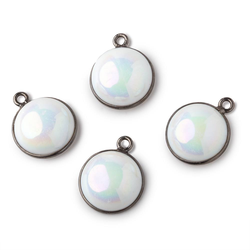 13mm Black Gold Bezel Mystic Grey Blue Opal Coin Cabochon Pendant 1 piece