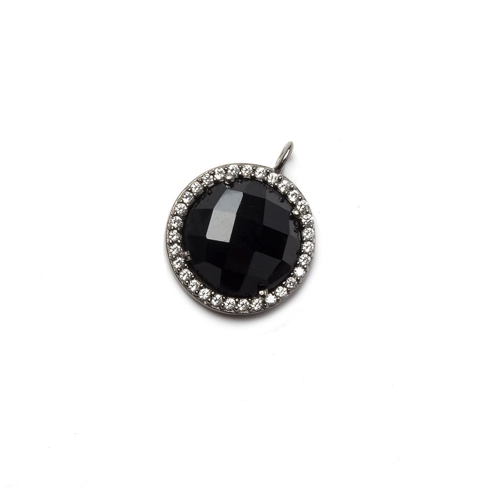13mm Black Gold Bezeled White CZ and Black Chalcedony Coin Pendant 1 piece