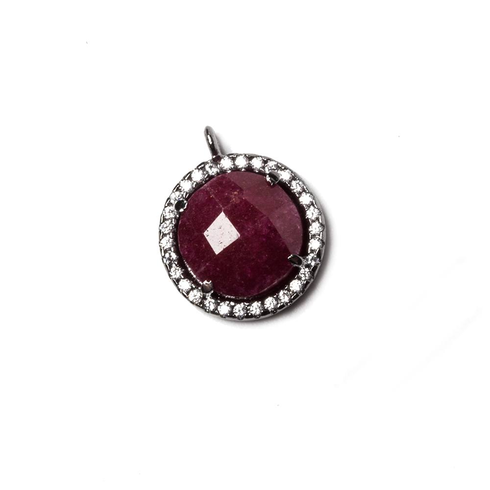 13mm Black Gold Bezeled White CZ & Ruby Coin Pendant 1 pc