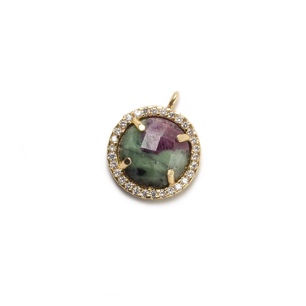 13mm Gold Bezel White CZ and Ruby in Zoisite Coin Pendant 1 focal bead