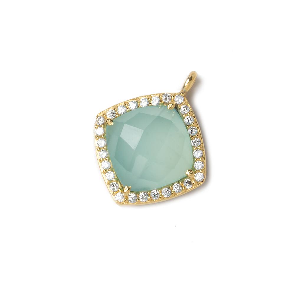 13x13mm Gold Bezeled White CZ and Aqua Chalcedony Pillow Pendant 1 piece