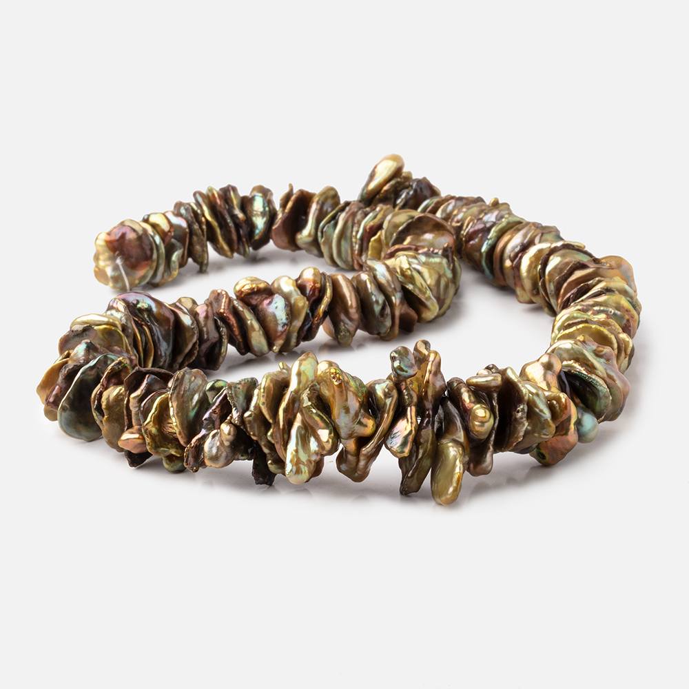 14-30mm Golden Green Center Drilled Keshi Freshwater Pearls 16 inch 122 pieces