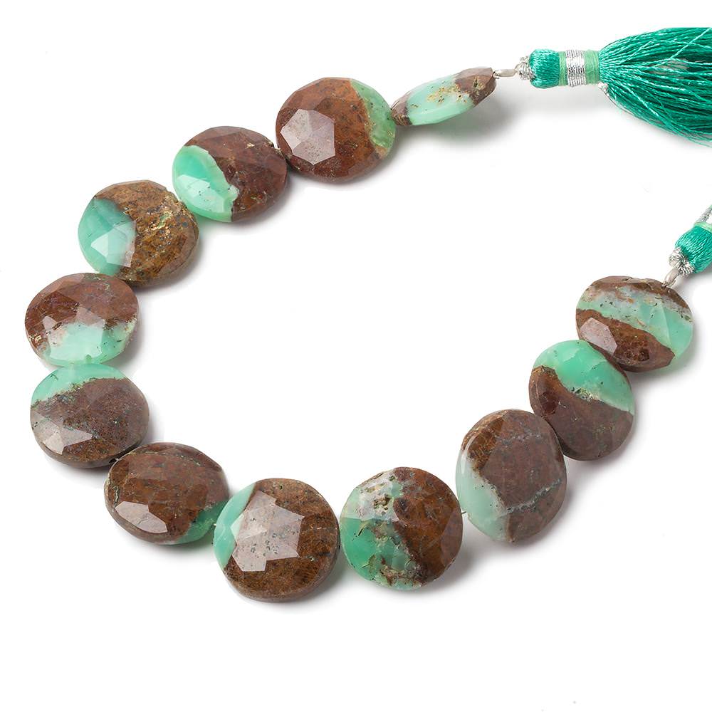 14.5-16mm Chrysoprase & Matrix faceted coin beads 8 inch 11 pieces