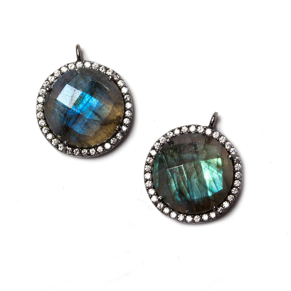 14.5mm Black Gold Bezeled White CZ & Labradorite Coin Pendant 1 pc
