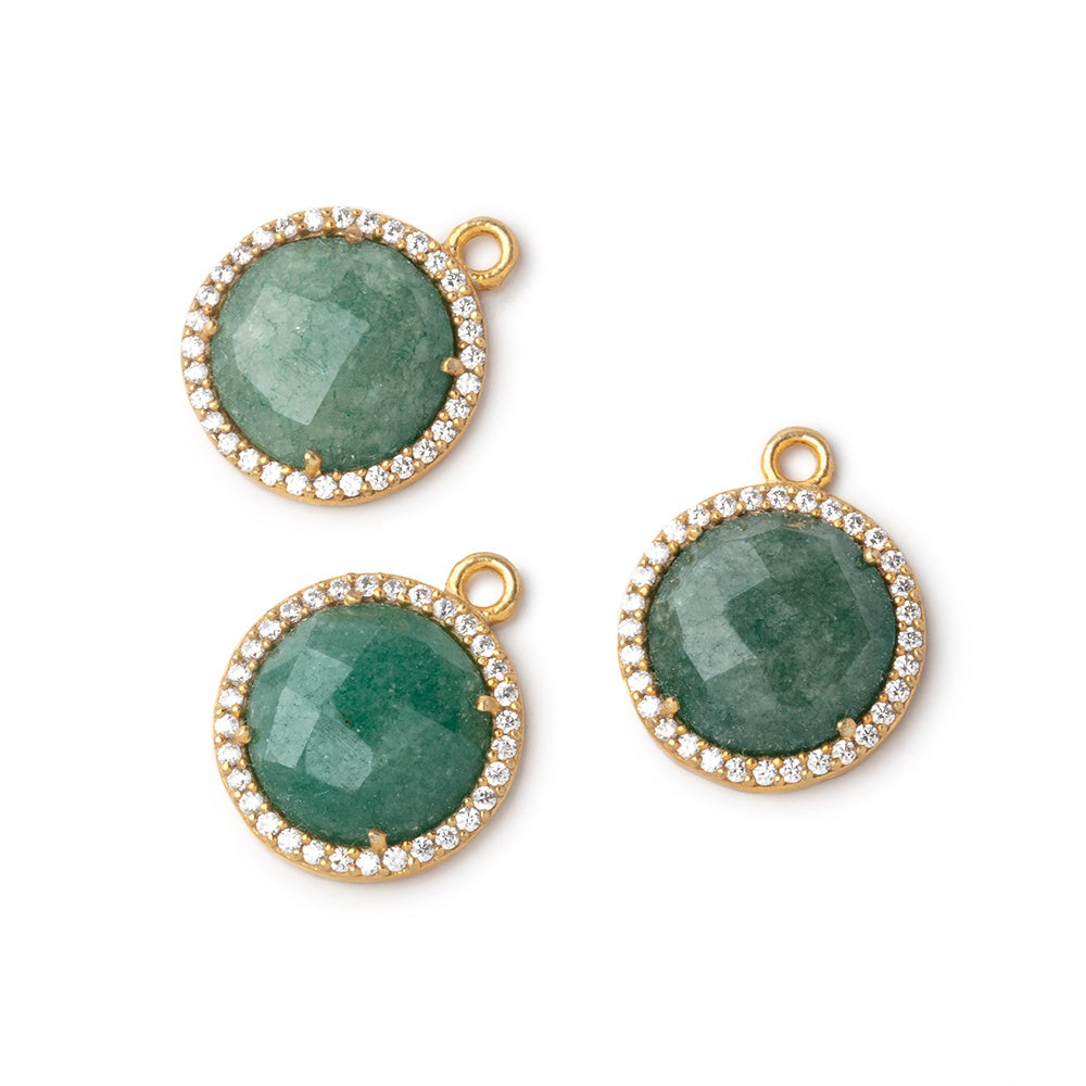 13mm Vermeil CZ Bezeled Green Aventurine Faceted Coin Pendant 1 piece