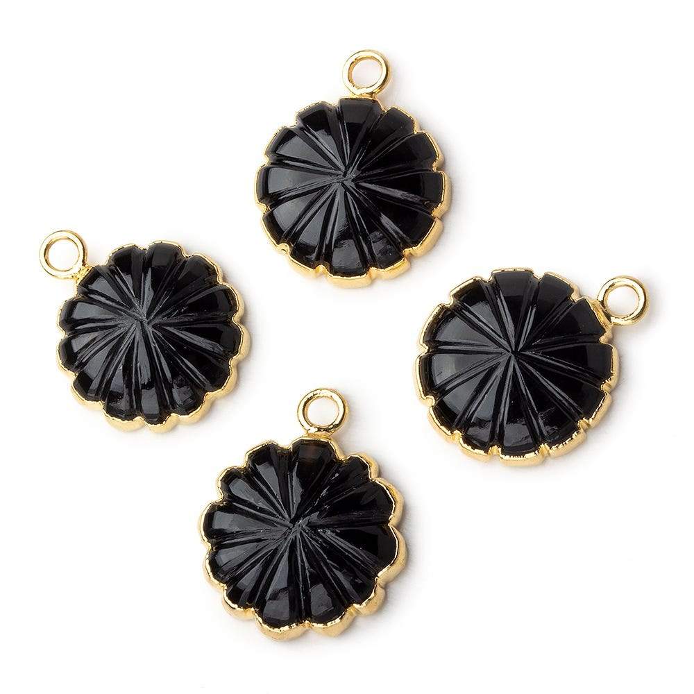 14mm 22kt Gold Leafed Black Chalcedony carved floral coin Pendant 1 focal bead