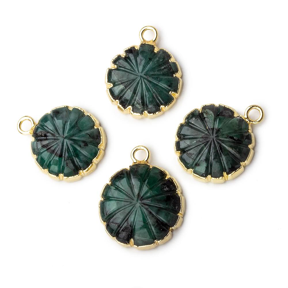 14mm 22kt Gold Leafed Brazilian Emerald carved floral coin Pendant 1 focal bead