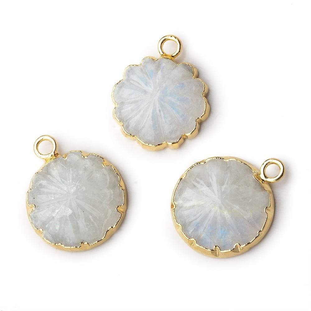 14mm 22kt Gold Leafed Rainbow Moonstone carved floral coin Pendant 1 focal bead