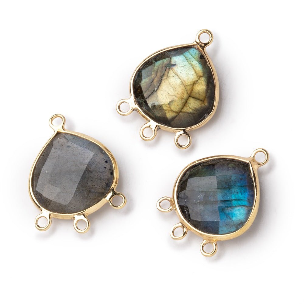 14mm Vermeil Bezel Labradorite faceted heart 3 ring Connector 1 focal bead
