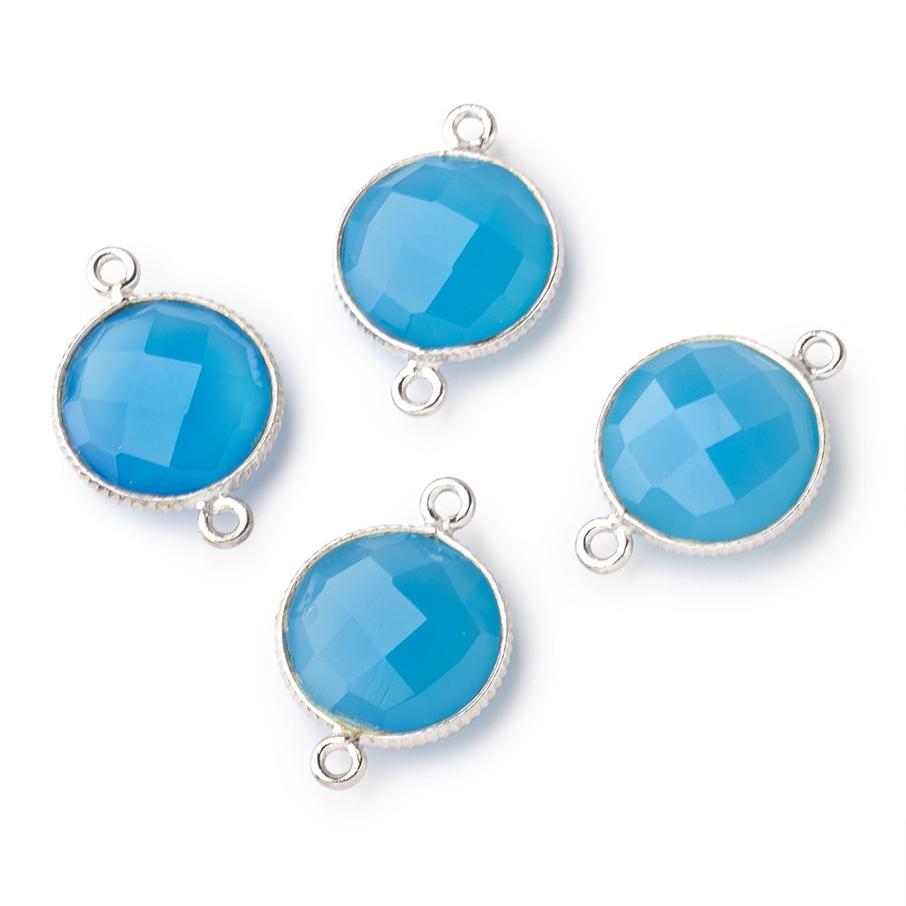 15mm Silver Corrugated Bezel Santorini Blue Chalcedony coin 2 ring Connector 1 pc