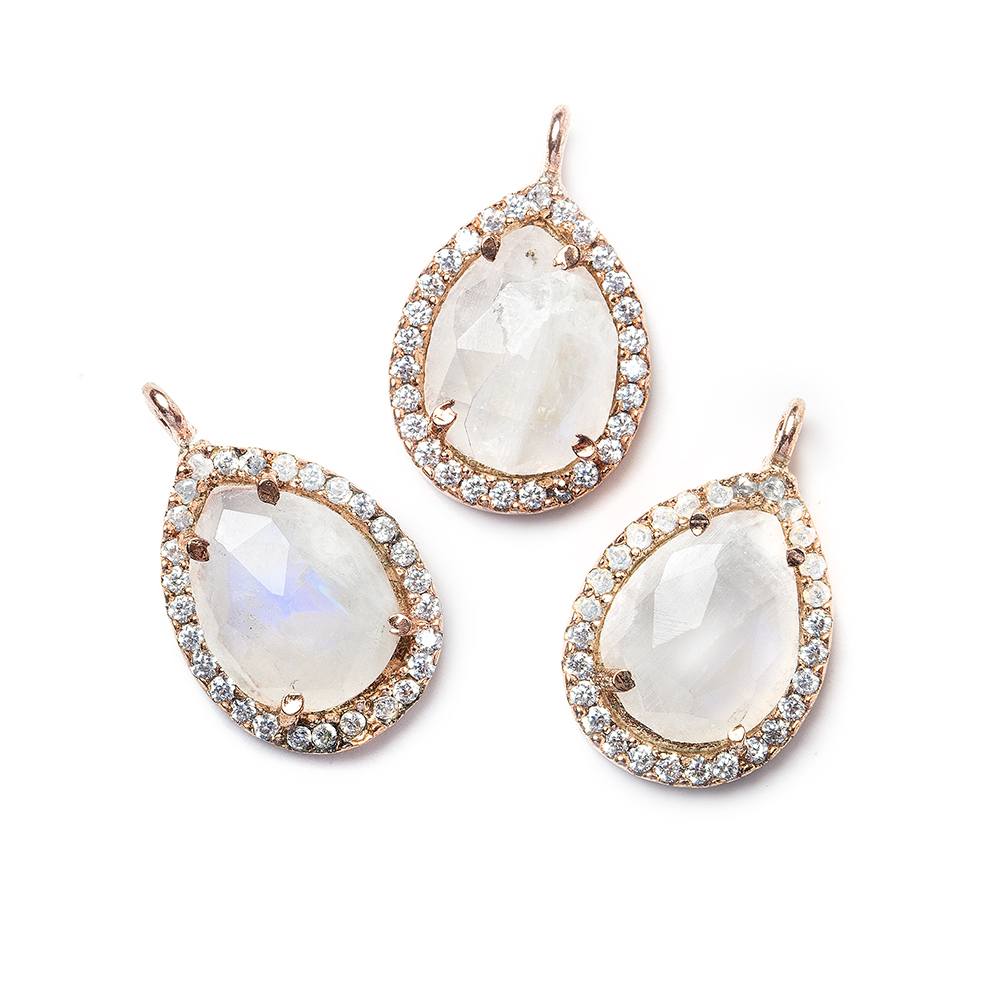15x11mm Rose Gold Bezeled White CZ and Rainbow Moonstone Pear Pendant 1 piece