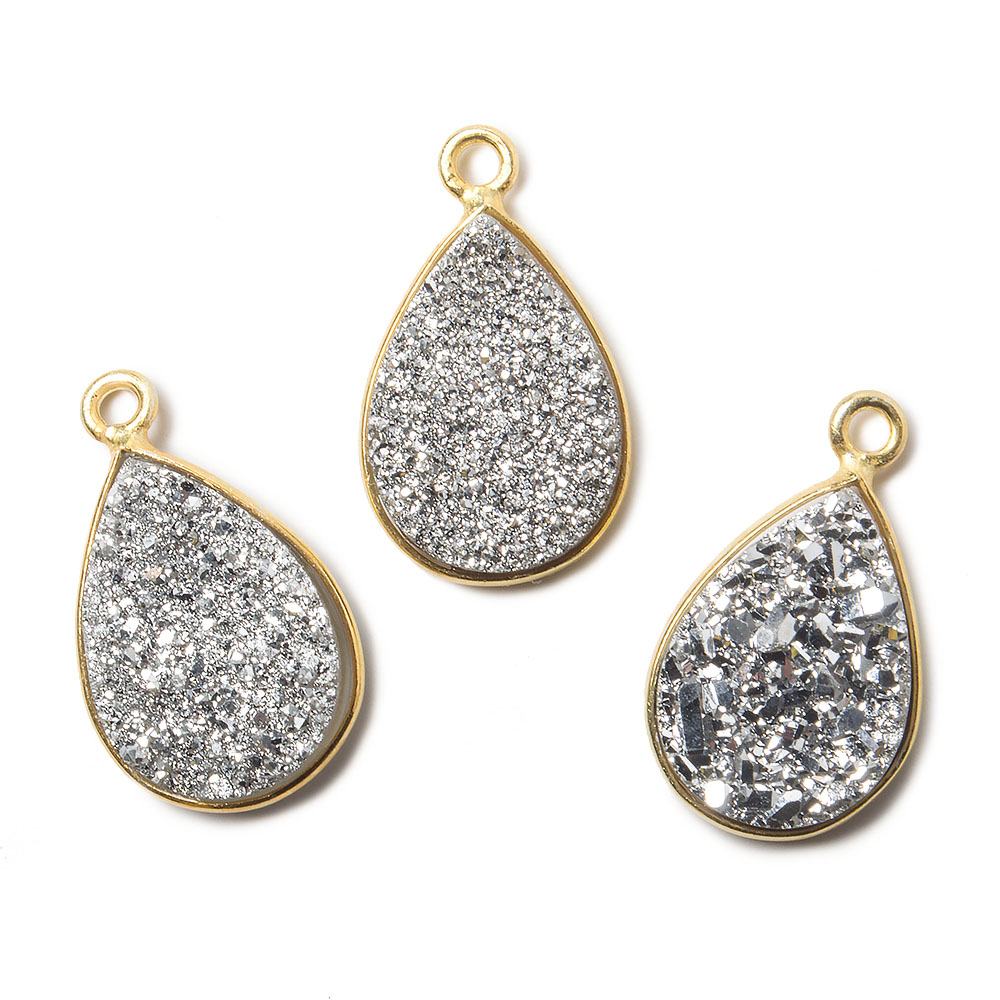 15x11mm Vermeil Bezel Metallic Silver Drusy Pear Pendant 1 piece