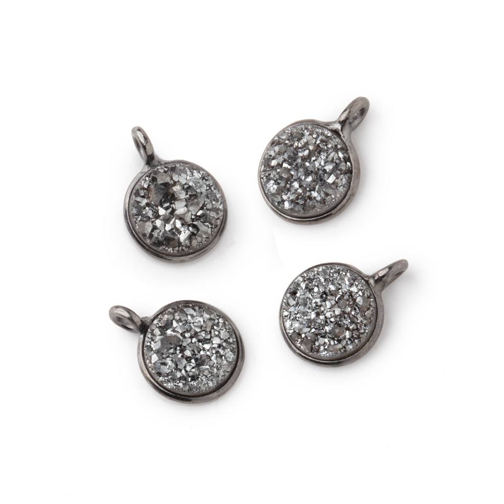 8mm Black Gold .925 Bezel Platinum Grey Drusy Coin Pendant Set of 4 Pieces