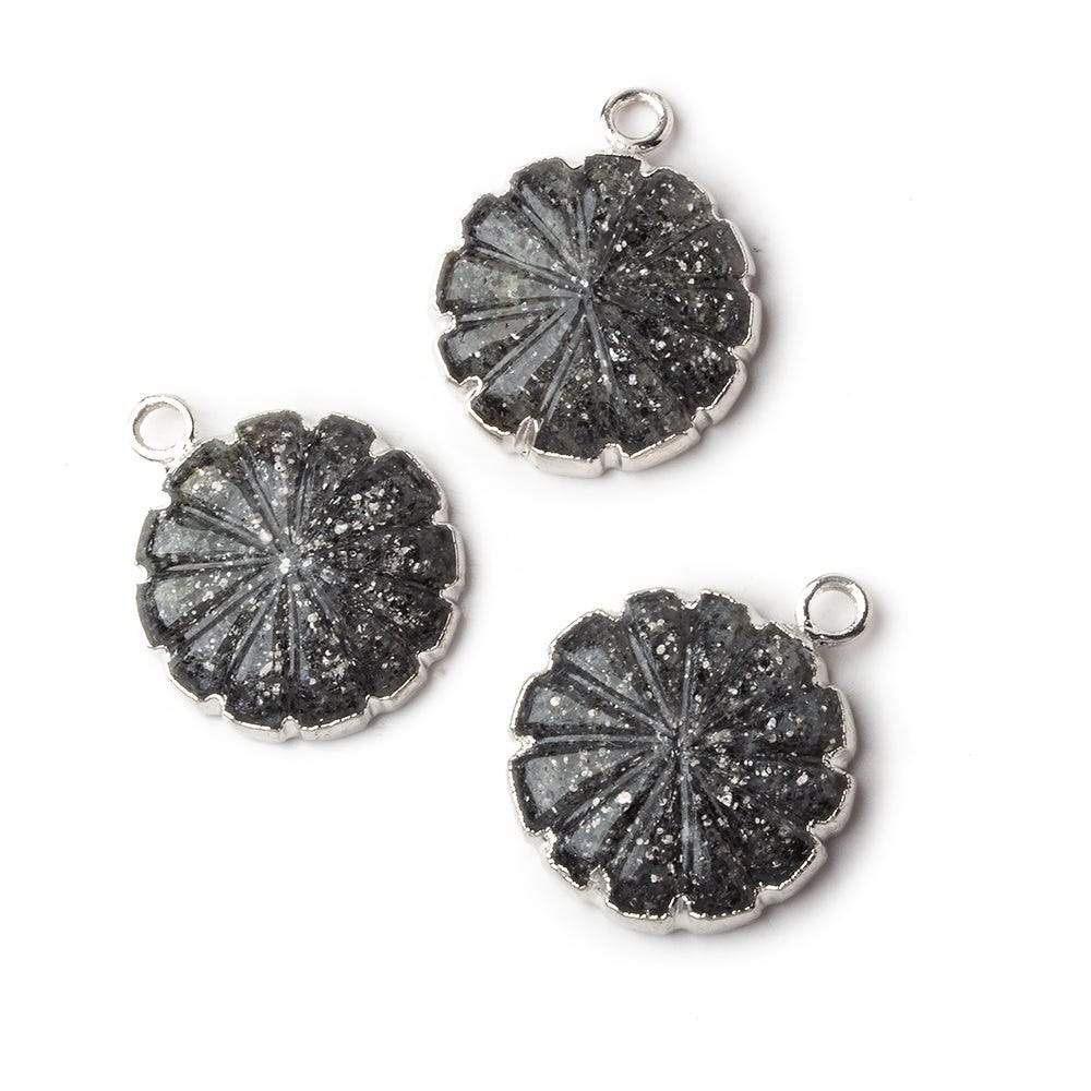 16mm Silver Leafed Celestial Quartz carved floral coin Pendant 1 focal bead