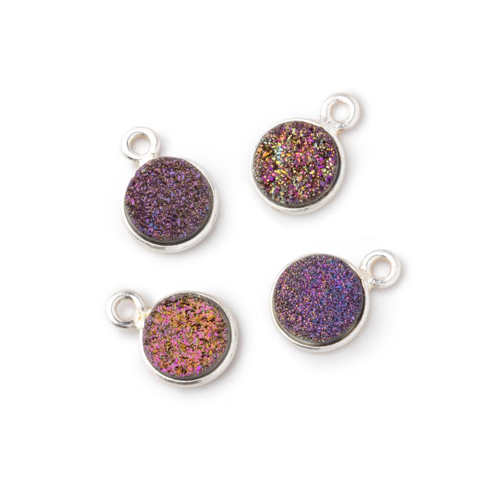 8mm Silver .925 Bezel Mystic Peacock Drusy Coin Pendant Set of 4 Pieces