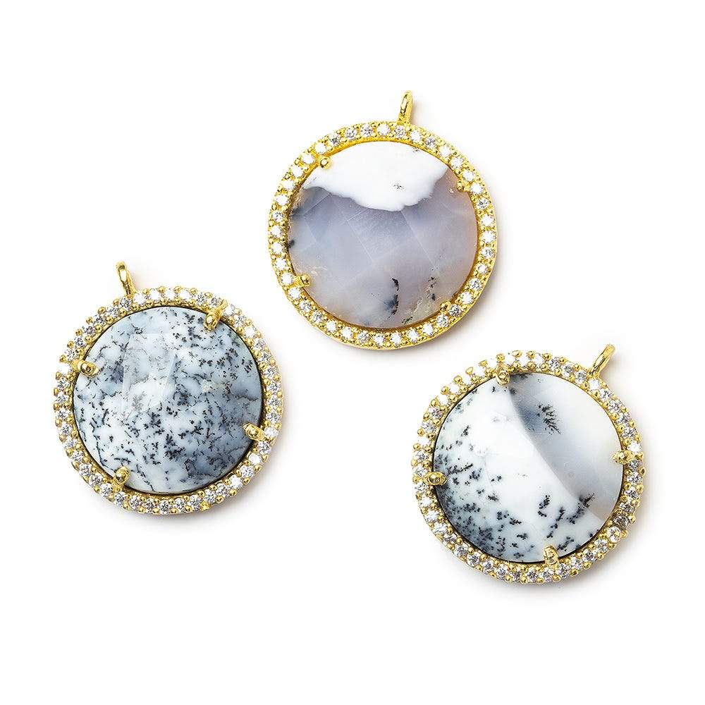 17mm Vermeil CZ Bezel & Dendritic Opal faceted coin Pendant 1 piece