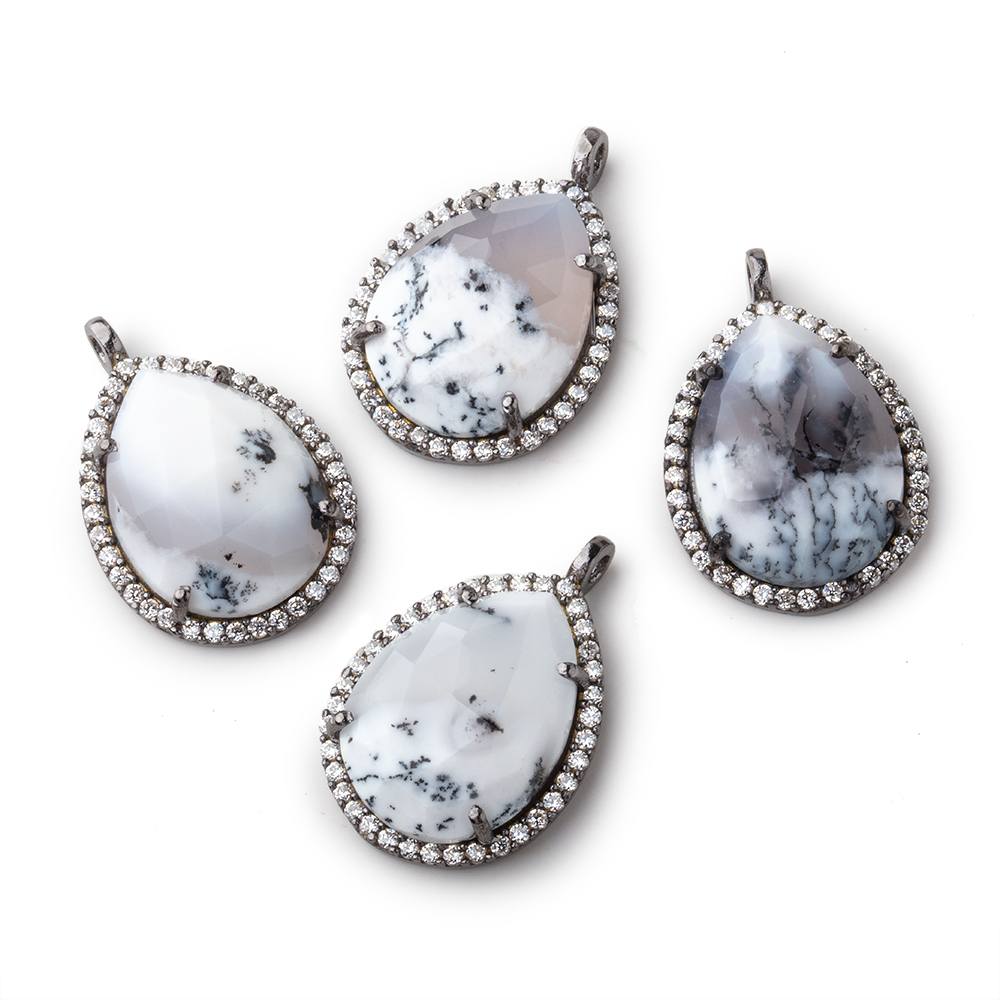 17x13mm Black Gold Bezeled White CZ and Dendritic Opal Pear Pendant 1 piece