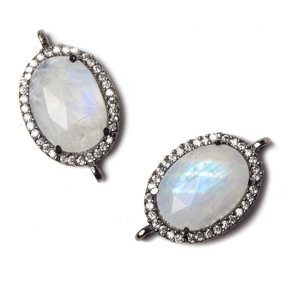 17x13mm Black Gold Bezeled White CZ and Rainbow Moonstone Oval Connector 1 piece
