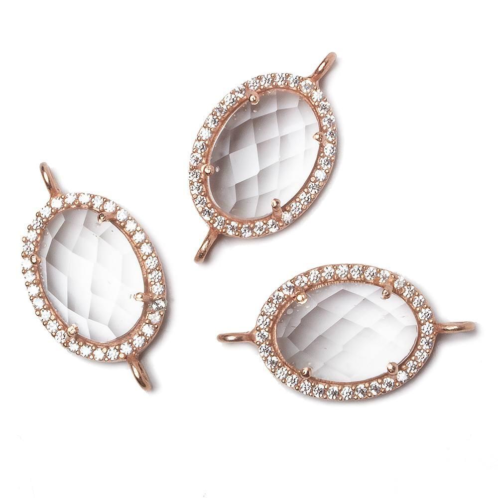 17x13mm Rose Gold Bezeled CZ & Crystal Quartz Oval Connector 1 pc