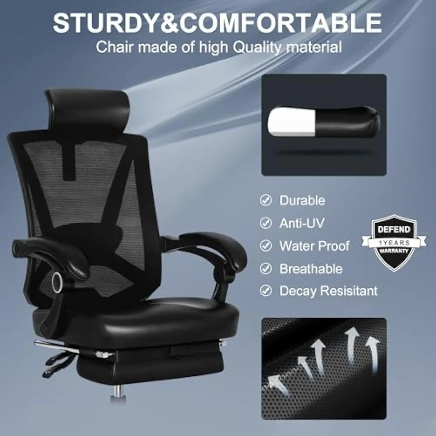 Ergonomic Office Chair with Footrest, Ergonomic Desk Chair with Adjustable 2D Lumbar Support, High Back Computer Chair with Ad