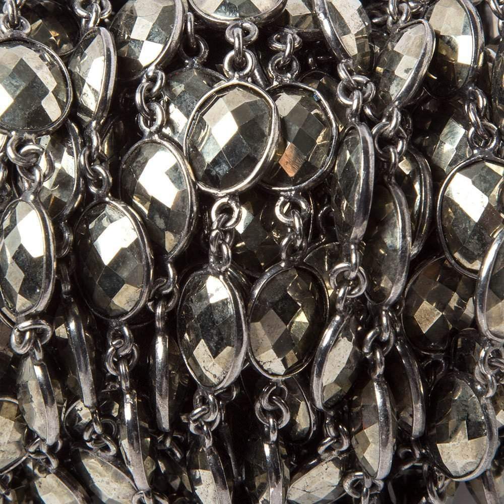 18x9mm Pyrite calibrated facet oval Black Gold Bezeled Chain by the foot 16pcs