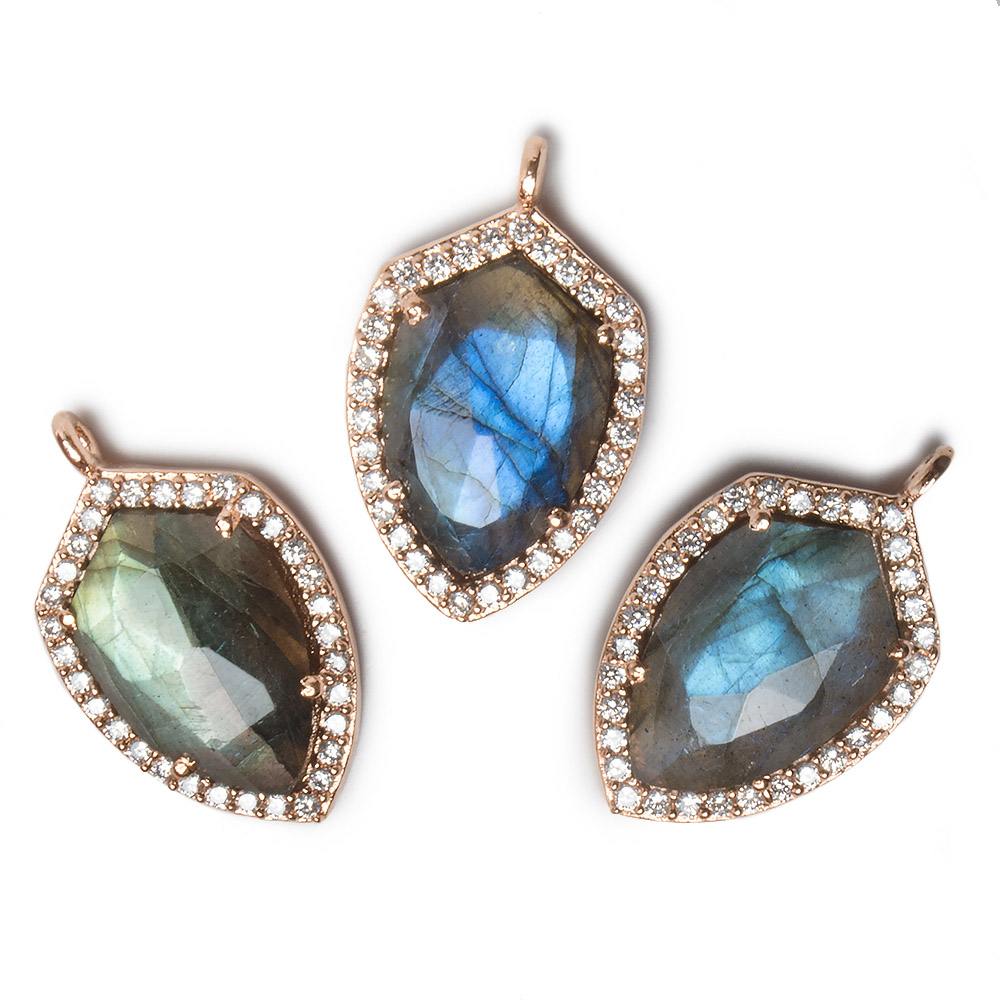 19.5x15mm Rose Gold Bezel White CZ and Labradorite Shield Pendant 1 focal piece