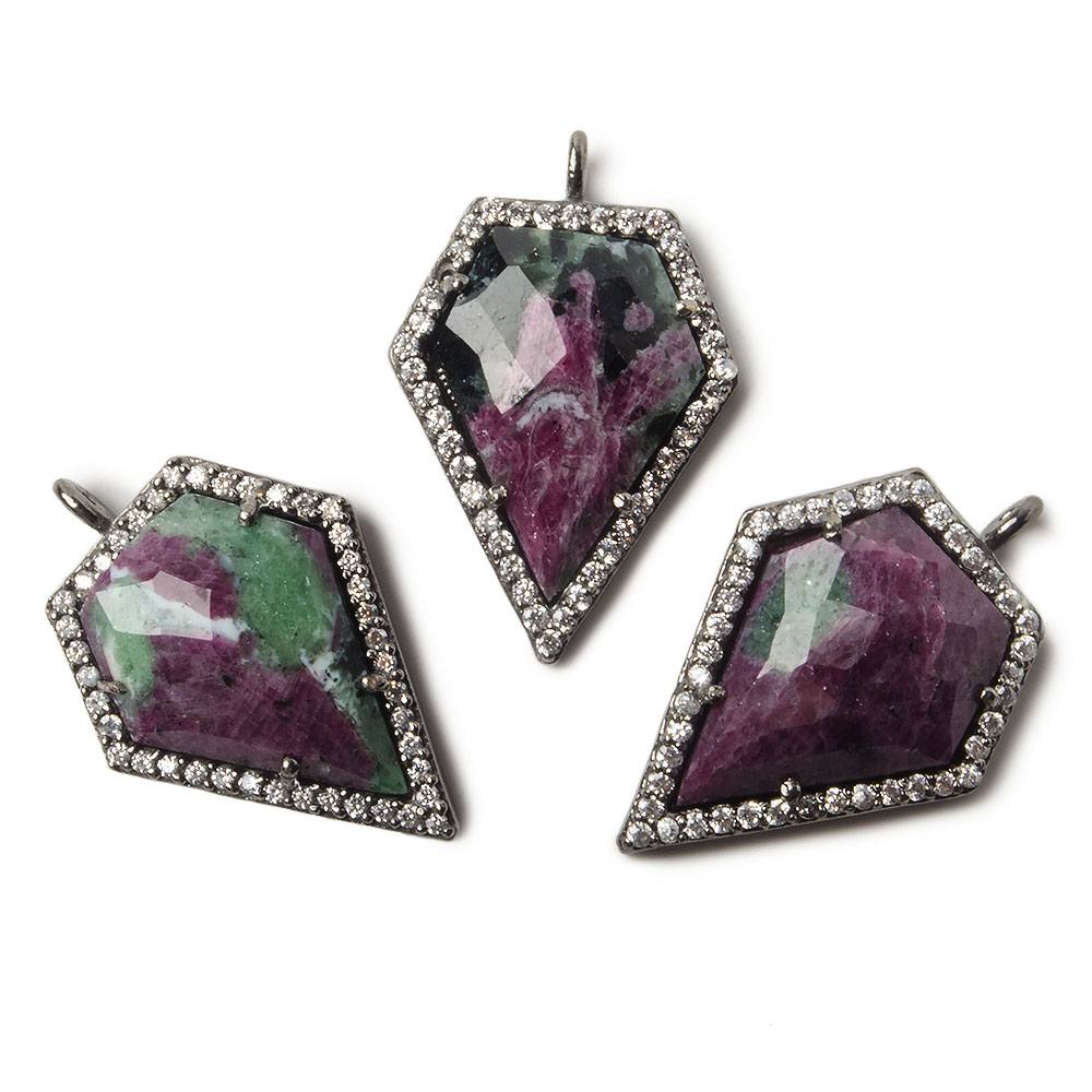 19x17mm Black Gold Bezel White CZ and Ruby in Zoisite Modified Shield Pendant 1 focal piece