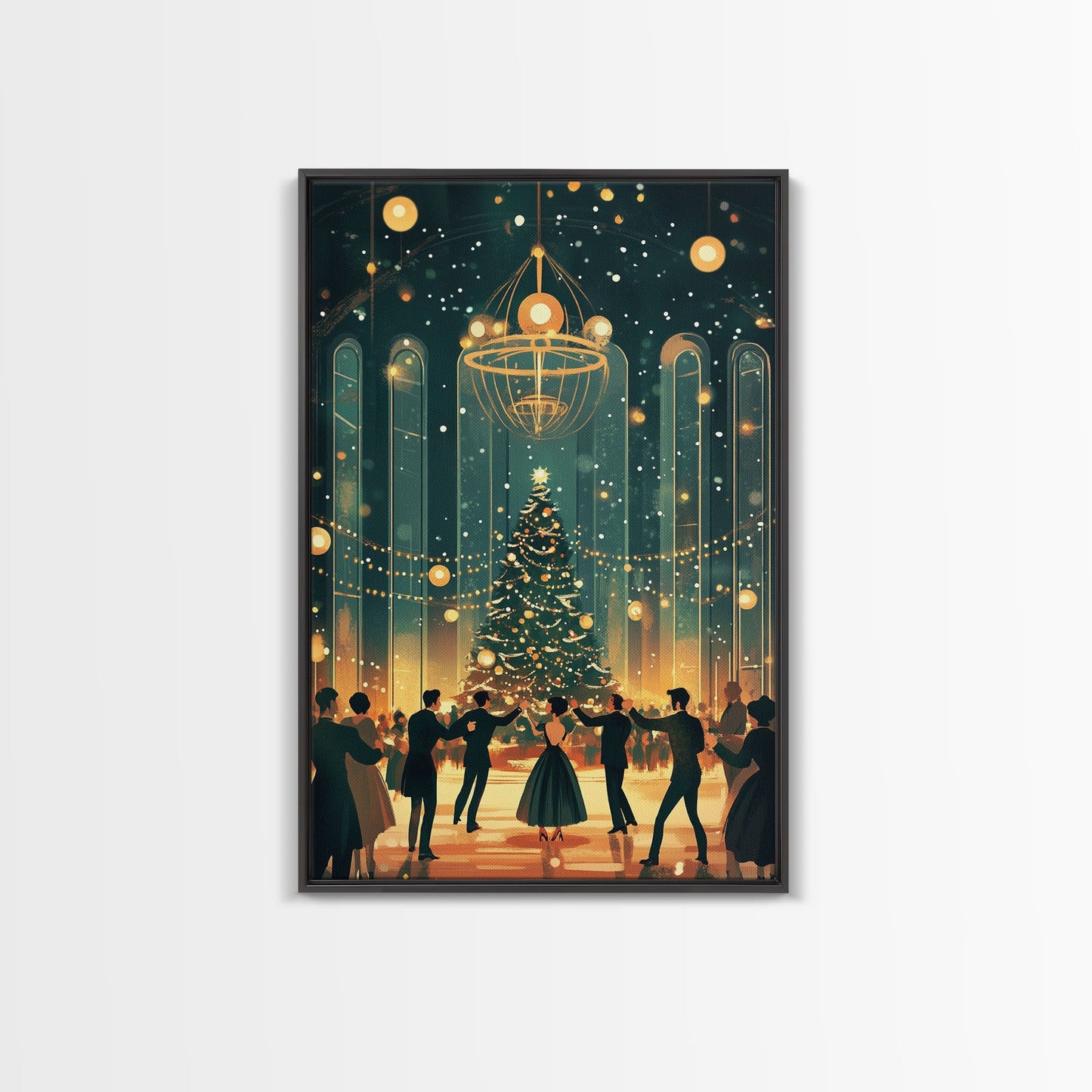 Elegant Ballroom Christmas Dance Scene with Holiday Lights and Decorations, Perfect Holiday Decor for Winter Wonderland, Framed Canvas Print