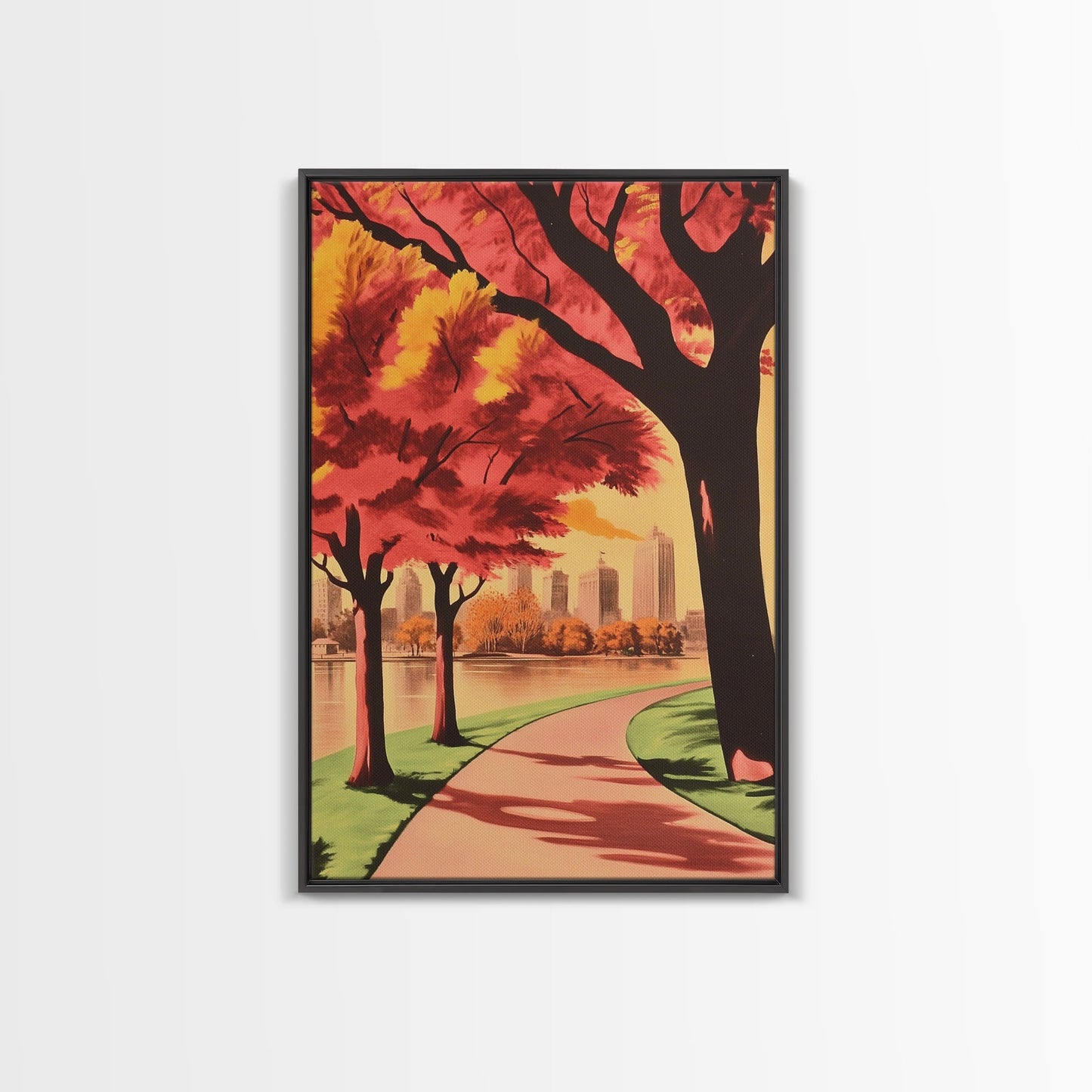 Canvas Print of City Park with Autumn Trees and Path, Seasonal Wall Art, Modern Farmhouse Decor, Best Gift Idea, Fall Cityscape Art