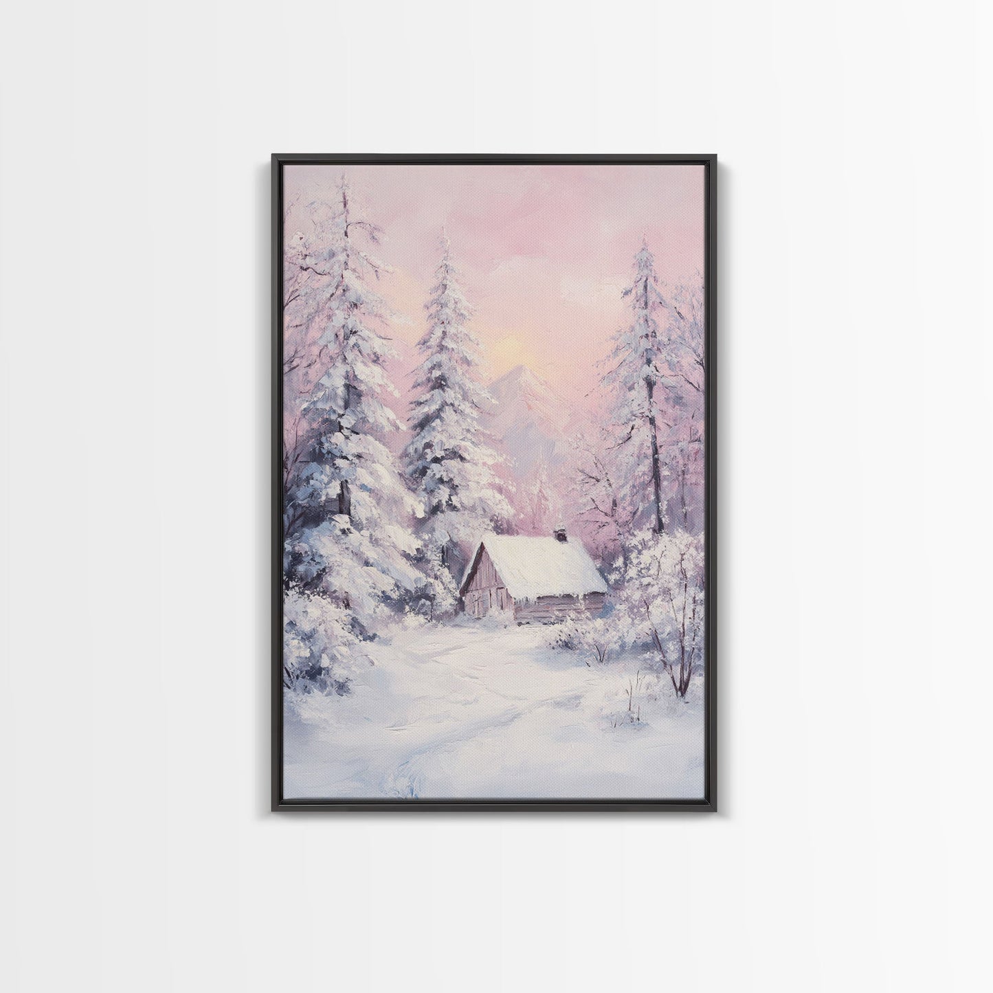 Pink Snowy Cabin Landscape Framed Canvas Print Wall Art Winter Wonderland Decor, Christmas Art Gift, Rustic Winter Scene Art